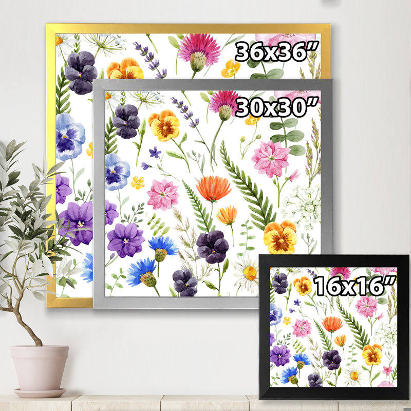 Motif floral de fleurs sauvages I - peinture sur toile, H 16 po x l 16 po x 1,5 po, Toile avec cadre argenté