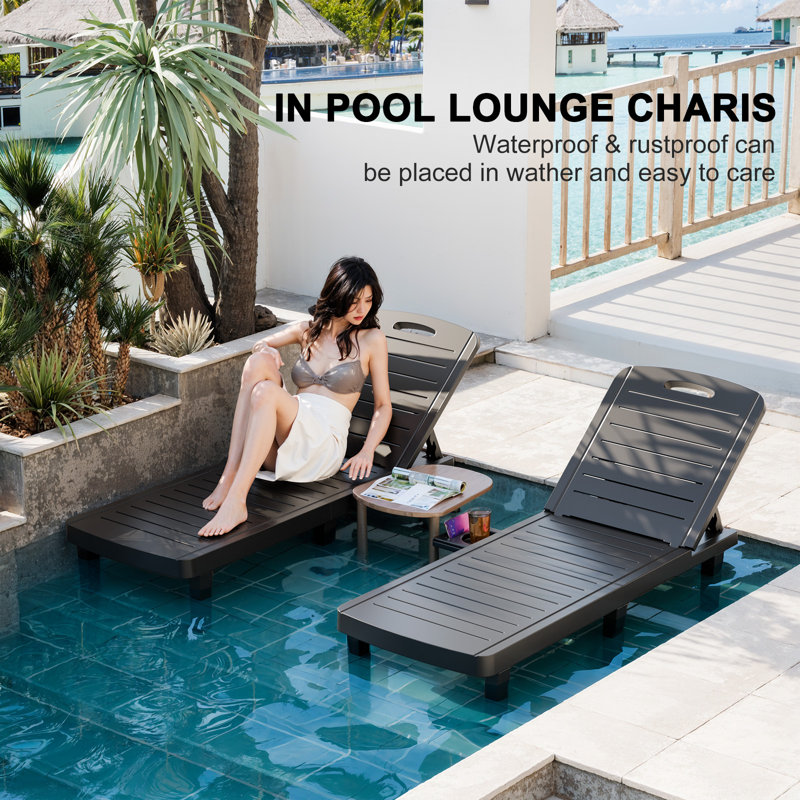 Oversized 74'' Long Resin Lounge Chairs With 5-Level Adjustable Backrest and Cup Holder For Poolside, Patio, Beach, Yard (2PC)