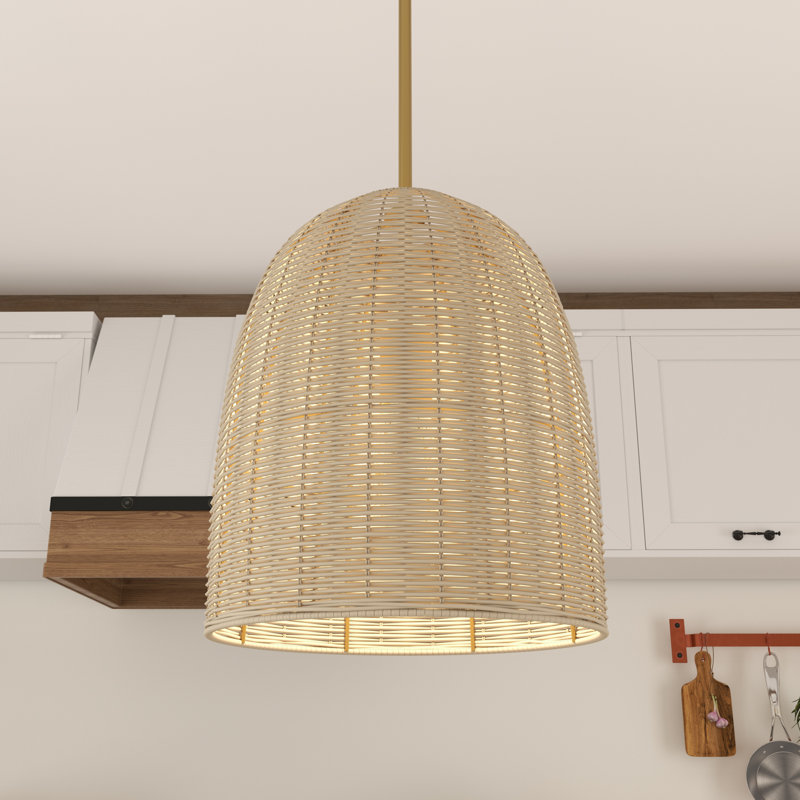 Luminaire suspendu simple à intensité variable avec abat-jour en rotin 1 lumière Derrytown, Laiton scintillant / rotin