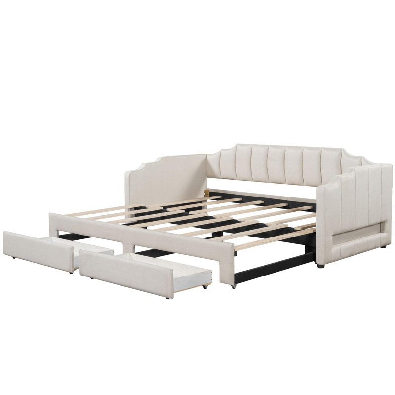 Extendable soft cushion sofa bed with two storage drawers and LED lights, Beige