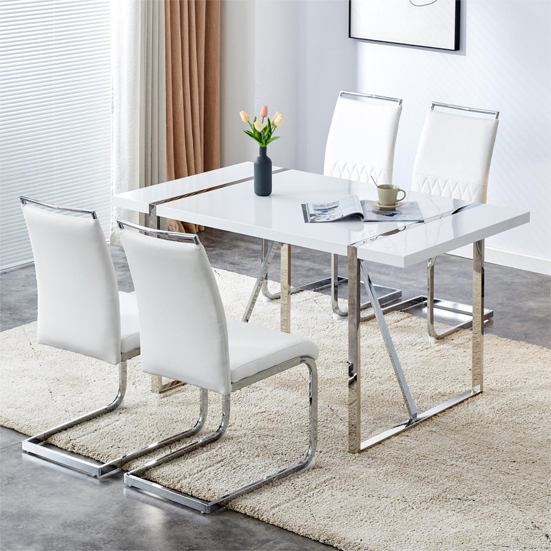 Dining Chairs With Backrest In Pu Artificial Leather And Linen, White, 4