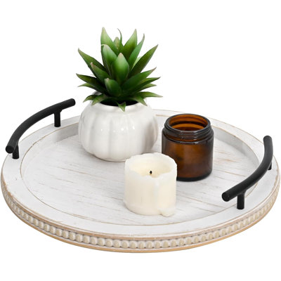White 13" Wooden Beaded Serving Tray with Handle