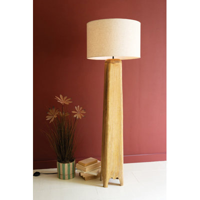 Quad Carved Mango Wood Table Lamp with Fabric Shade Decorative Accent Lighting for Tabletop Mantel Natural Finish