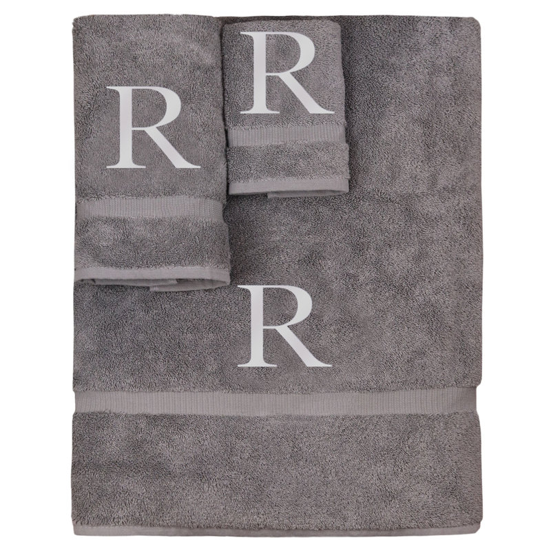 Ensemble de serviettes monogrammées - ensemble de 3 - lettre-bloc, R, Gris / Argent