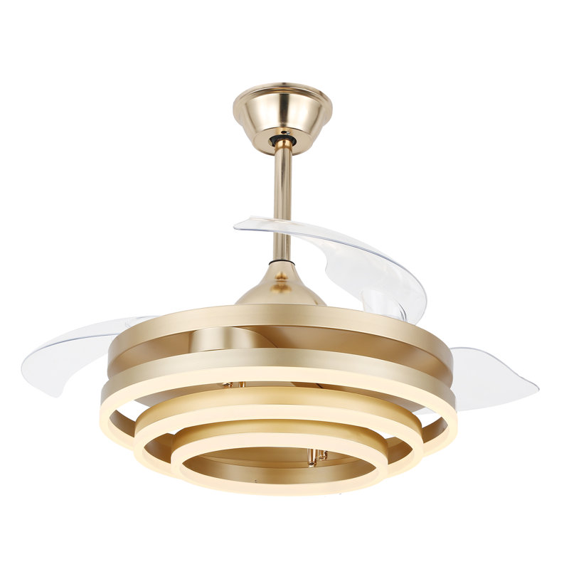Gold Retractable LED Ceiling Fan Chandelier with Remote Control