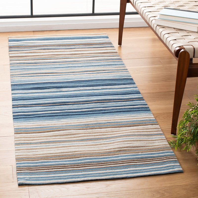 Howardwick Hand Loomed Wool/Cotton Striped Rug in Blue/Beige, Runner 2'3" x 10'