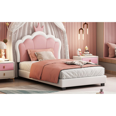 Lit simple tapissier princesse avec tête de lit et pied de lit couronne, parfait pour les chambres de filles et un design élégant