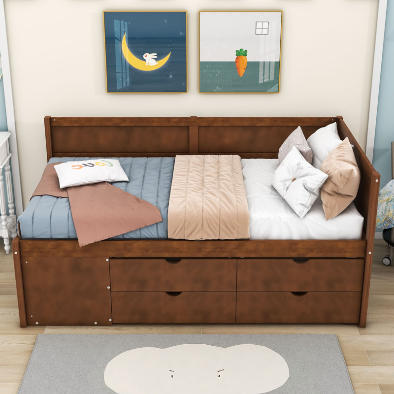 Wood Daybed with Drawers and Shelves, Twin, Walnut