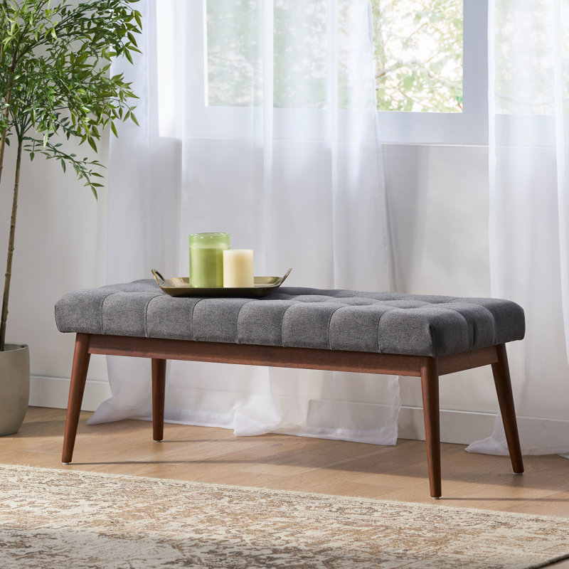 Grey Fabric For Living Room Decoration - , Buttoned, Rubberwood Legs, Walnut Finish Area With Mid Century Style,