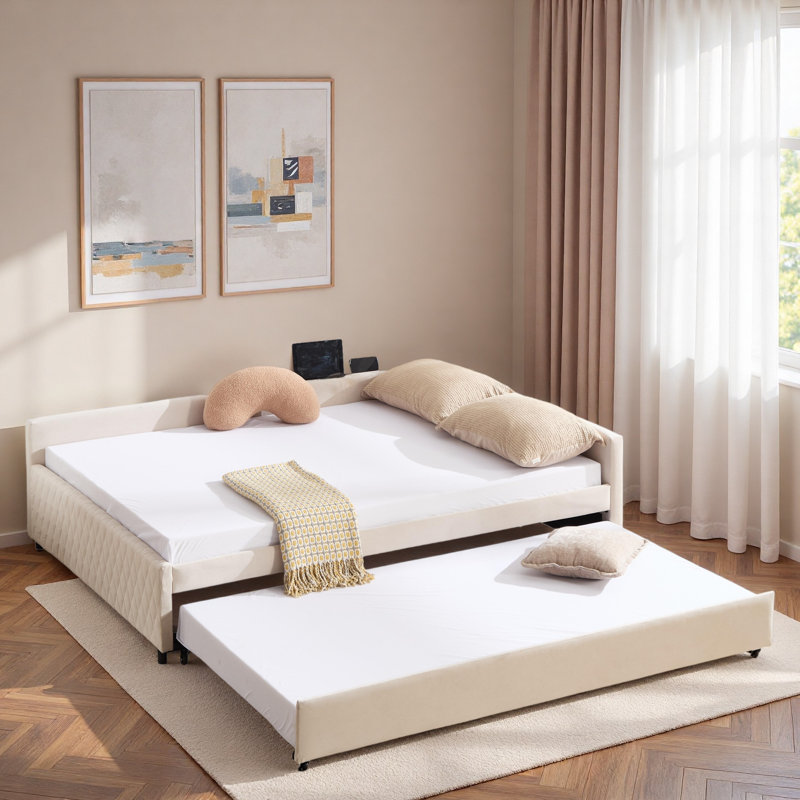 Upholstered Daybed With Trundle And Usb, Beige