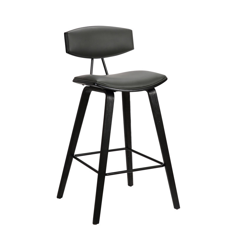 Tellis Mid-Century Modern Armless Stool in Faux Leather and Wood, Bar Height, Grey, Black