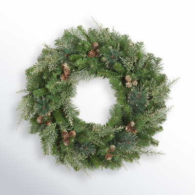 24 Inch Bergen Pine Wreath with Gold Accents and Soft White LED Lights on Auto Timer