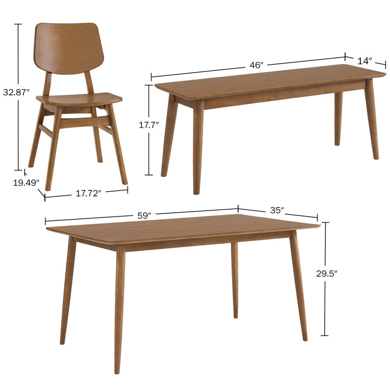 Calais 4 Piece Dining Table Set For 4 With Chairs and Bench - 59” Solid Wood Kitchen Table, Bench, And 2 Chairs - Mid Century Modern Furniture For Dining Room Or Kitchen (Pecan)