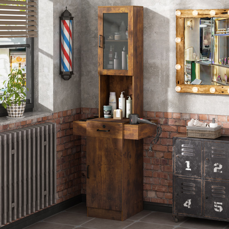 Professional Wall-Mounted Barber Station with Glass Door Cabinet Three-Tier Storage Shelf Spacious Drawer and Hair Dryer Tool Holders Rustic Brown Salon Spa Styling Furniture