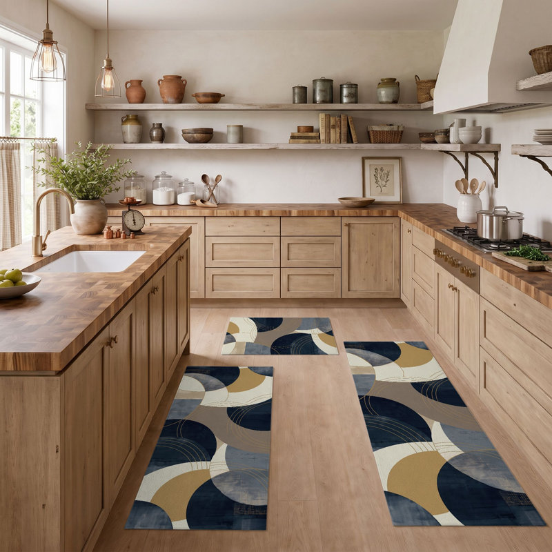 Tapis de cuisine géométriques abstraits et lavables antidérapants, Brun clair / bleu / beige / blanc cassé / bleu ma