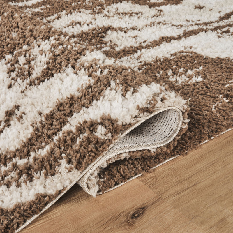 Tapis moderne à poils longs abstrait Nova brun et ivoire, lavable, Brun / Ivoire, 2 pi 6 po x 8 pi 0 po