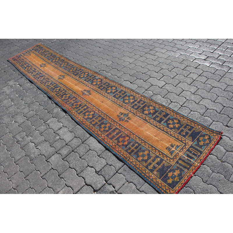 Tapis de couloir rétro vintage bleu Oushak en patchwork de couloir Anatolian