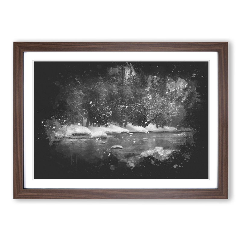 Winter Forest and Lake Paint Splash - Picture Frame Graphic Art, 27cm H x 36cm W x 2cm D, Walnut