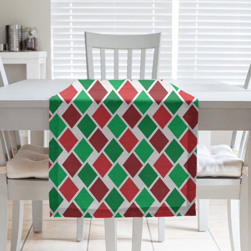 Chemin de table en losanges rétro à la fête hol, L 72 po x l 16 po, Mélange de coton, Vert perroquet / rouge / brun