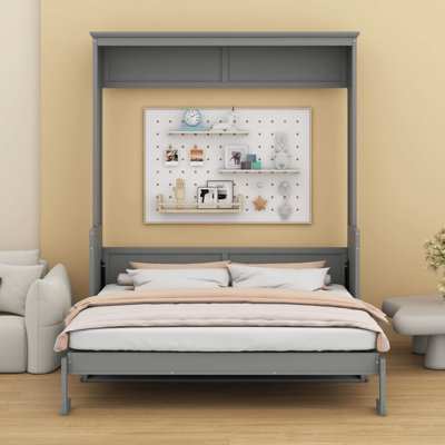 Solid Pine Wood Queen Size Murphy Bed With A Foldable Shelf