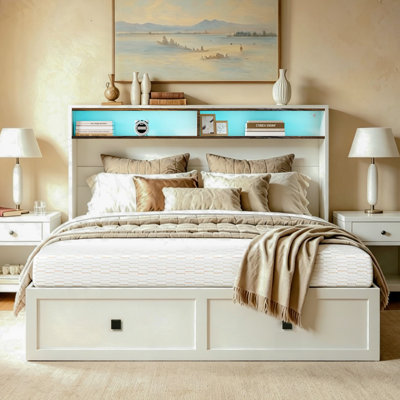 George Oliver Queen Murphy Bed White with Storage Drawers & Shelves, USB/Type-C Charging, RGB LED Lights, Anti-Tip Wall Bed for Small Spaces,Mattress not include