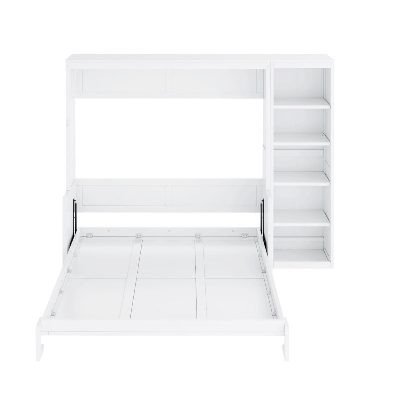 Structure de lit, lit escamotable avec bureau et bibliothèque, Double, Blanc