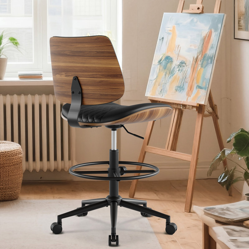 Chaise de dessinateur Mid-Century moderne avec anneau de pied, similicuir et finition en bois de noyer, Noir