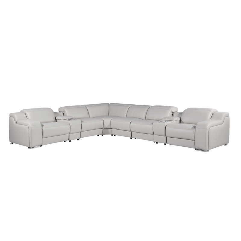 Canapé modulaire inclinable électrique en cuir italien 8 pièces Stanuta, Cuir véritable gris clair