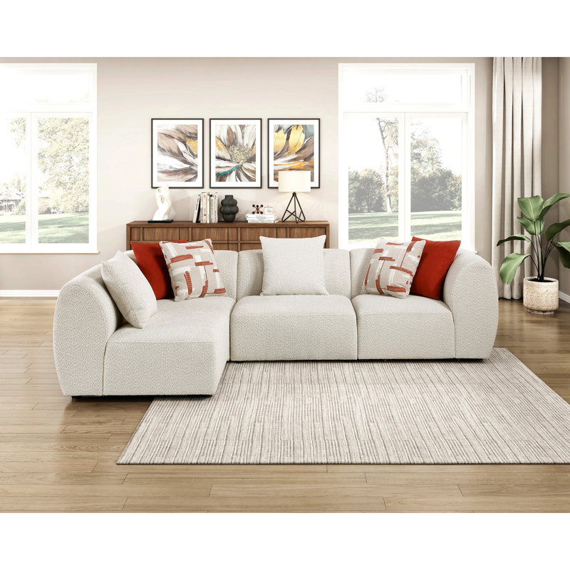 Ensemble de canapés d'angle modulaires luxueux 4 pièces, fauteuils sans accoudoirs, coussins beiges rembourrés, mobilier de salon moderne en bois massif.