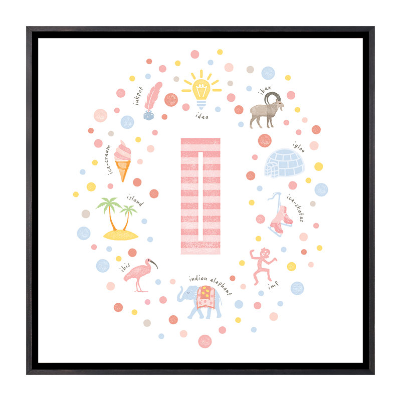 Lettre illustrée I rose - impression, H 37 po x l 37 po x P 1,5 po, Toile avec cadre noir patiné, Pas de tapis