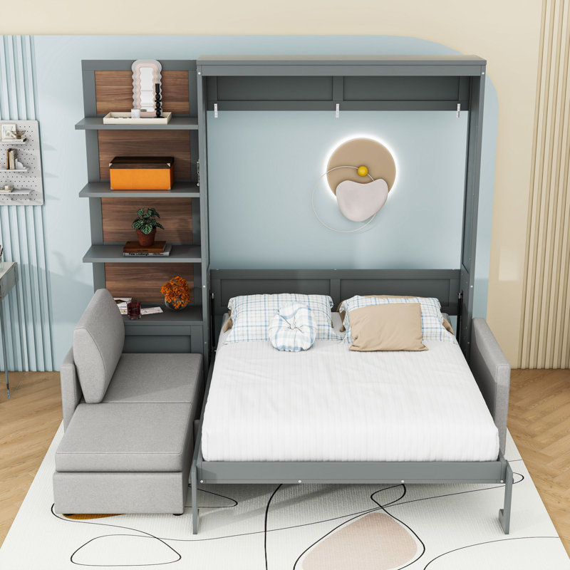 Grand lit escamotable avec canapé et tablettes, gris