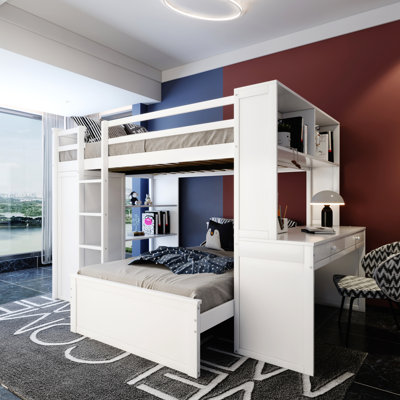 Lit mezzanine double avec lit simple, tablettes, bureau