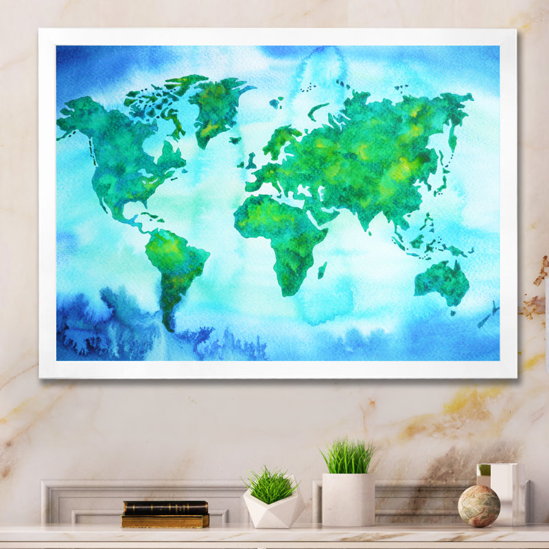 «World Map Blue Green Tone», reproduction sur toile, H 12 po x l 20 po x P 1 po, Cadre de coin blanc fermé