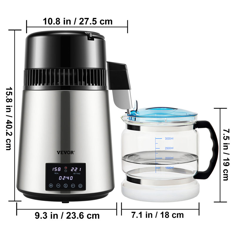 Distillateur d'eau de comptoir de 1,1 gallon, 0,4 gal / h VEVOR, acier inoxydable 1750W
