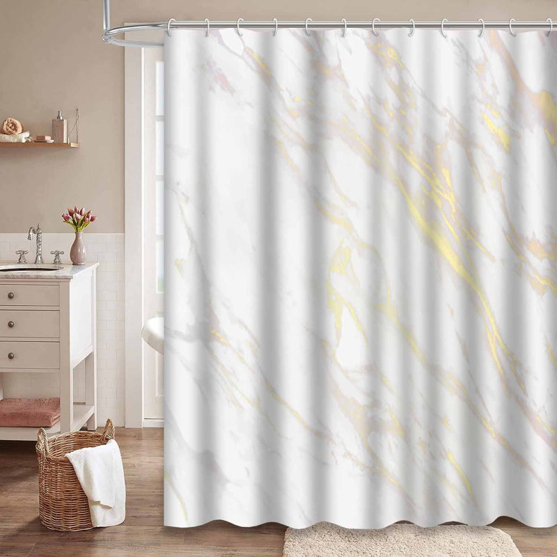 White Marble Backdrop Botanical Gold Shower Curtain with 12 Hooks, 72" L x 72" W