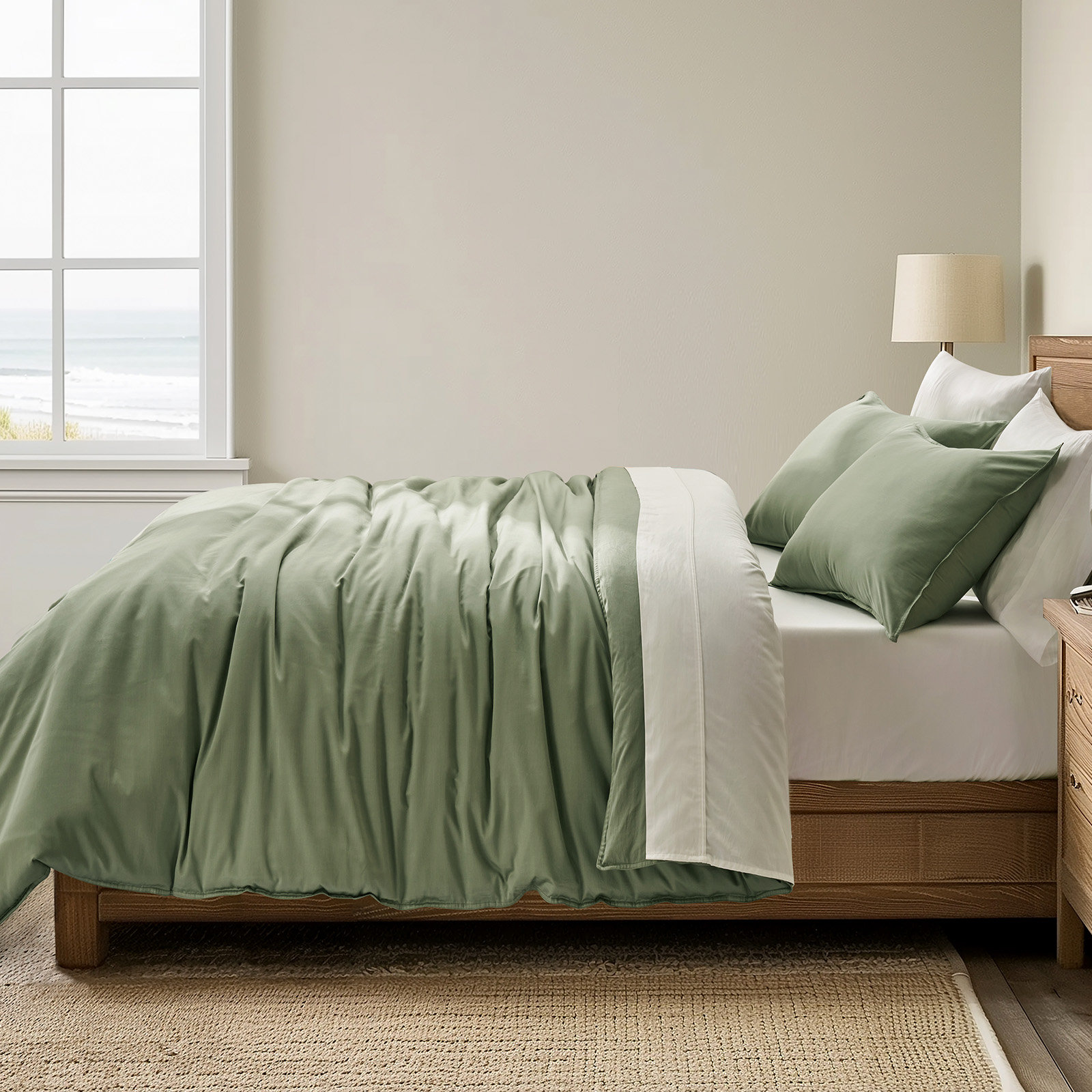 Cotton Tencel Duvet Cover Set, Queen Duvet Cover + 2 Queen Shams, Sage Green