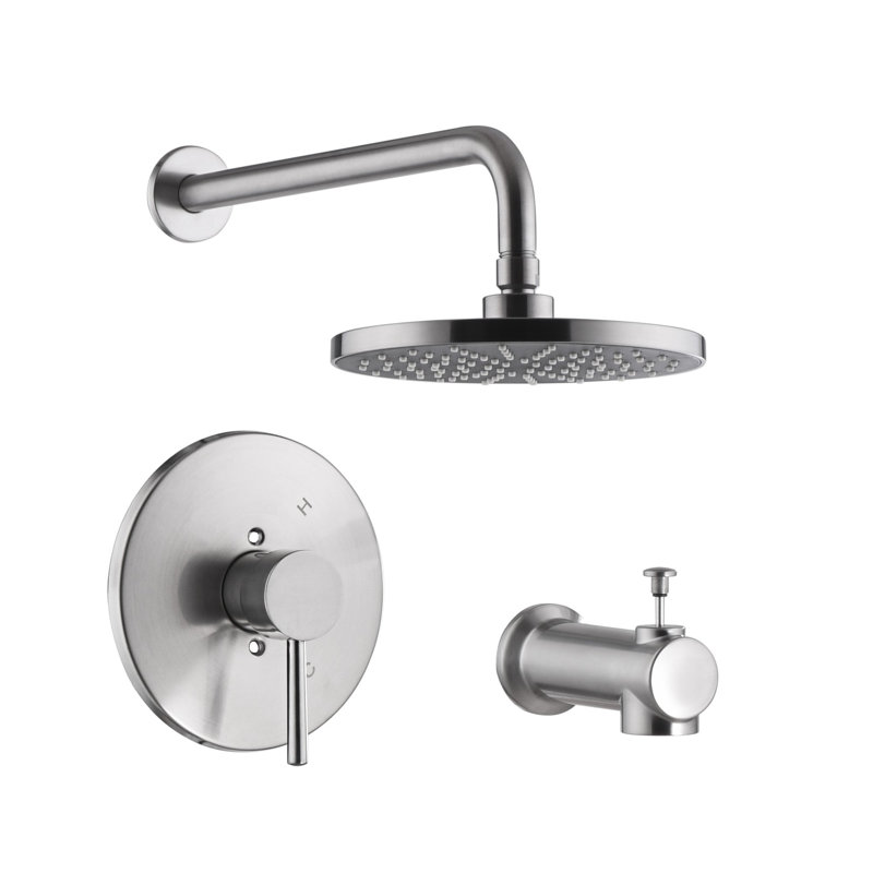 Kree Collection Shower System: 8" Round Shower Head, Single Handle Set, Tub Spout, & Rough-in Valve Included - Brushed Nickel