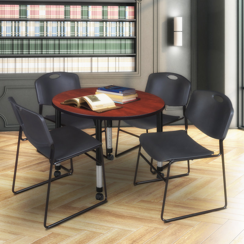 Kee Round Mobile Breakroom Table and Chair Set, 34" H x 36" L x 36" W, Cherry/Black