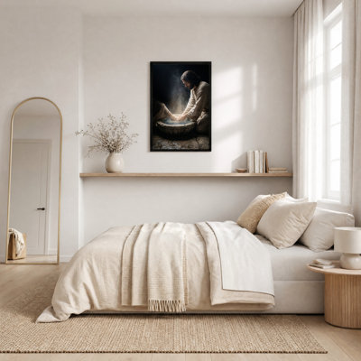 Kneeling Man Washing Foot in Stone Basin Canvas Wall Art