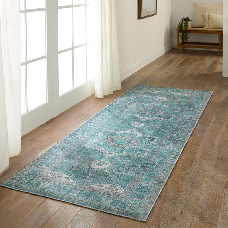 Machine Washable Harman Hold Oriental Machine Woven Polyester Area Rug in Teal/Green, Rectangle 3' x 5'