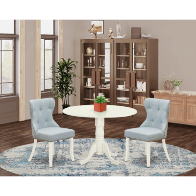 L'ensemble de mobilier de salle à manger 3 pièces comprend une table ronde avec Dropleaf et 2 chaises rembourrées en tissu bleu bébé, 42 x 42 pouces, blanc lin