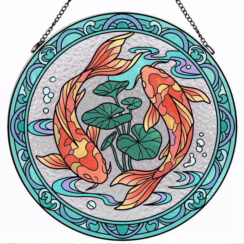 Koi Fish Stained Glass Window Panel，7.8H, 7.8"H