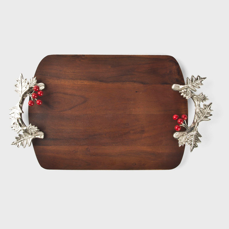 Silver Holly Holiday Serving Platter, Handcrafted Mango Wood Decorative Tray with Festive Leaf Handles & Red Berry Accents, 19.5"