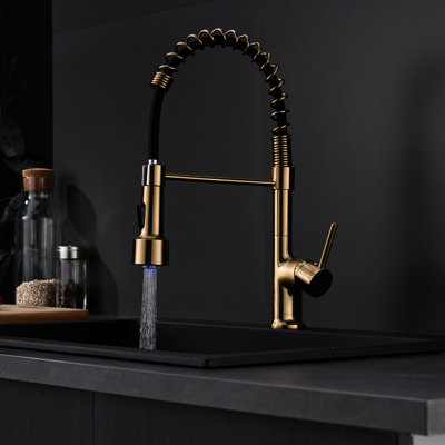 Robinet de cuisine rétractable en or, levier à poignée simple, rotatif à 360 degrés, double pour les cuisines modernes, contemporaines, éviers, robinets, appareils électroménagers, accessoires et décoration avec évier à DEL, or