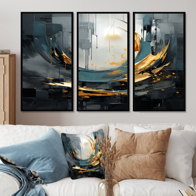 «Golden Golden Sunlight On Nuevo Blue I - Abstract Modern Waves», ensemble de reproduction d'art mural