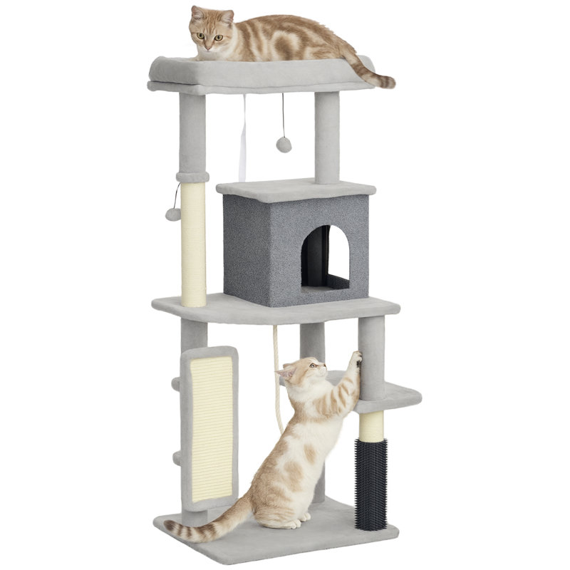 Arbre à chat 52 po avec poteaux à griffer, lit pour chat, condo, gris clair