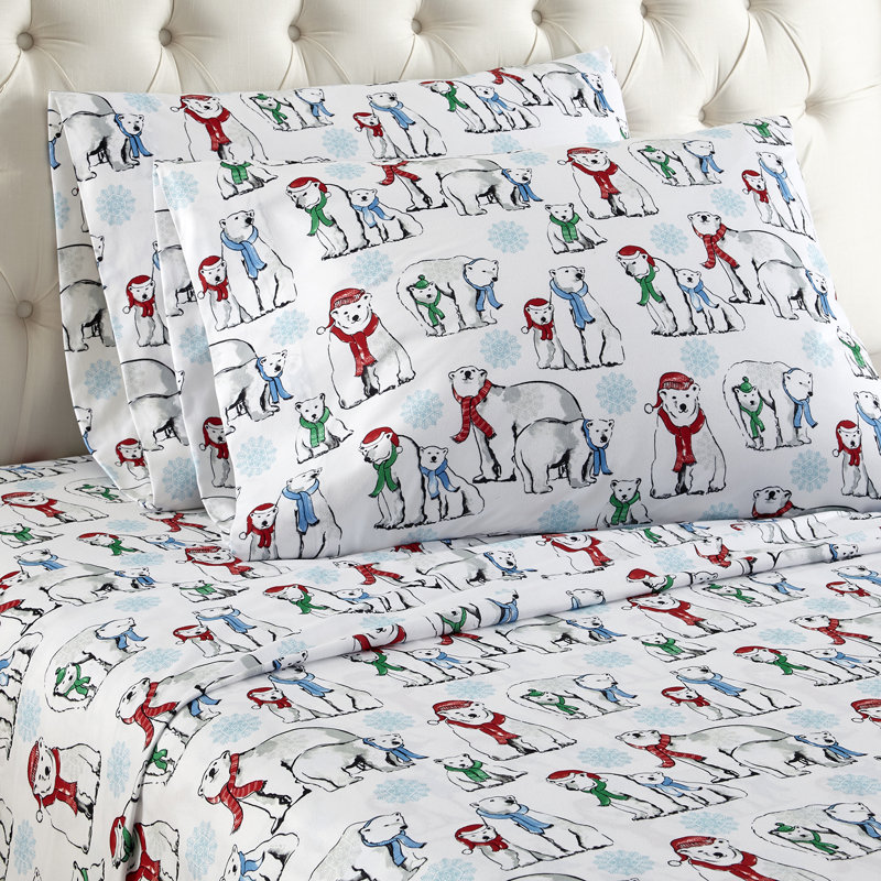 Queen White Cotton Polyester Flannel Sheet Set with Polar Bear Print