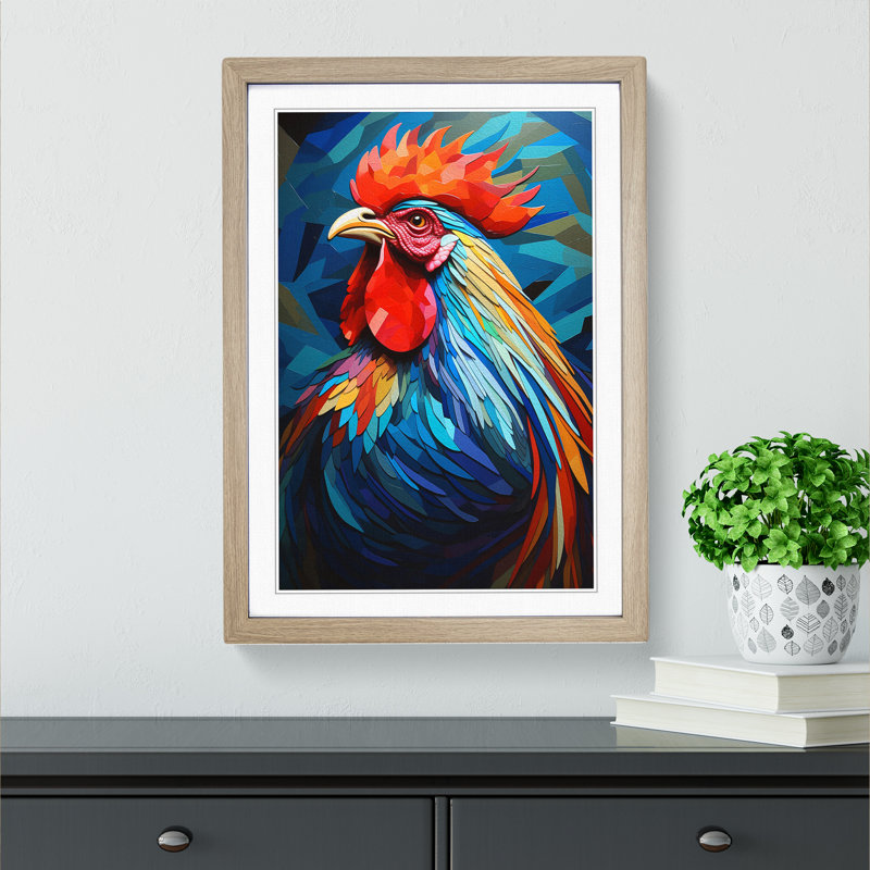Rooster Geometric - Single Picture Frame Print on Wood, Oak , 46cm H x 34cm W x 2cm D
