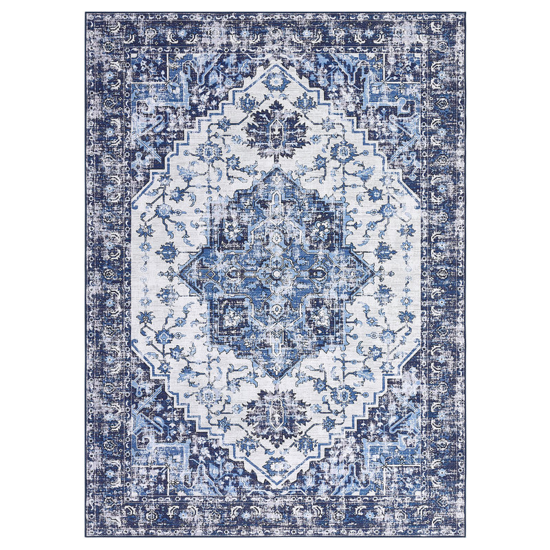 10'x13' Vintage Low-Pile Area Rug, Machine Washable Non-Slip Stain Resistant Carpet for Large Living Room, Blue, Blue