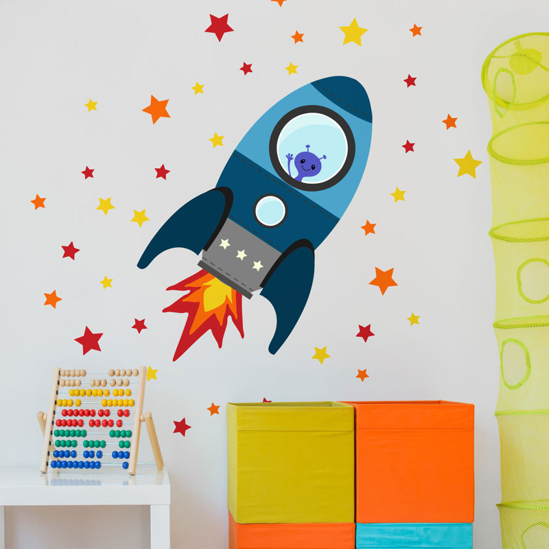 Flying Rocket Wall Stickers, 75cm H x 115cm W, Blue